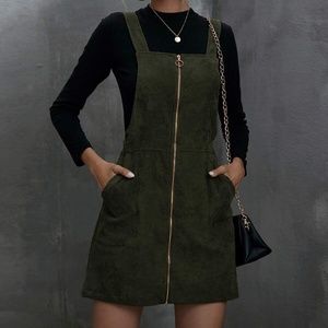 Solid Zip up Corduroy Pockets Mini Dress